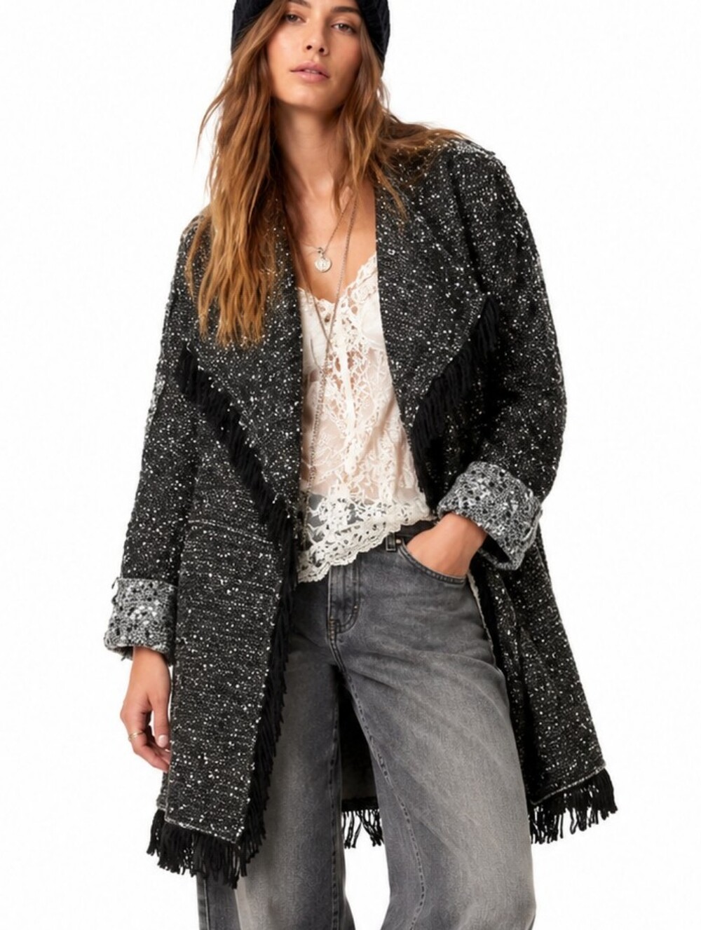 Free People Coat Starry Night Fringe Open Waterfall Blanket Coat
